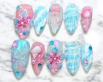 Fake Nails for Summer Beach | Mermaid Nails with 3D Shell & Pearls | Pastel Vacation Nails | Cute Ocean Press On Nails Set, Blue pink nails