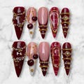 Burgundy Cherry Gothic Press On Nails, Gold Chrome 3D Nails, Luxury Stiletto Nails, Dark Red Coquette Nails, Handmade Gothic Glam Set