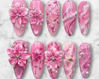 Roze kersenbloesem plaknagels, 3D bloemnagels, parelmoer marmeren nagels, handgemaakte bloemen plaknagels, romantische kokette nepnagels