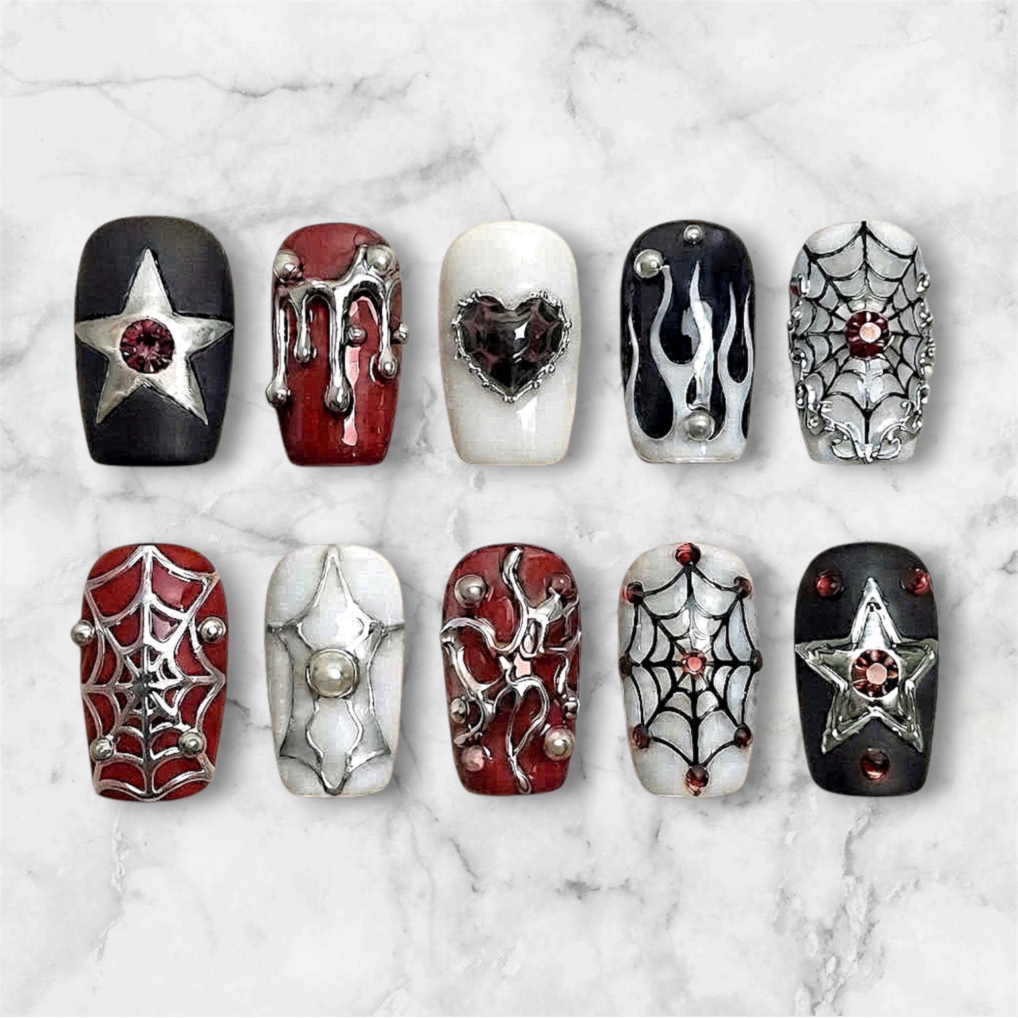 Gothic Spider Web Press On Nails, Red Black Chrome Nails, Grunge Star Heart Nails, Alternative Punk Press On Nails, Handmade Reusable Fake N