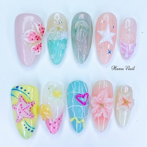 Ocean Inspired Gel Nails - Seashell, Starfish, Flower, and Jellyfish Art Design