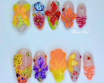 Uñas postizas con diseño de flores tropicales de neón / Juego de uñas veraniegas coloridas 3D Y2K / Uñas postizas hechas a mano con diseño de hibisco y orquídea