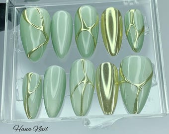 Luxury Cat Eye Nails – Mirror Chrome Green Press On Set – Y2K Style Nails