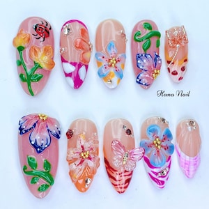 3D Floral Press On Nails | Butterfly, Zebra, Leopard, Shell Designs | Spring Summer Nail Art | Y2K Cute Handmade Fake Nails