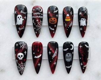 Uñas postizas hechas a mano de Feliz Halloween: lindas uñas de ojos de gato rojos con fantasmas y calabazas, uñas postizas de lujo con telarañas espeluznantes, alternativa gótica Acr