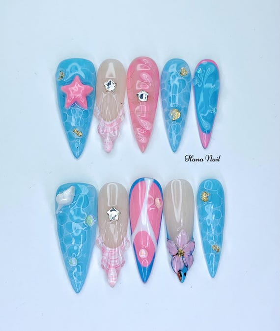 Summer Ocean Press On Nails Mermaid Beach 3D Gel Nails Starfish & Butterfly Fake Nails,Blue Pink Swirl Long Stiletto Nails, Hana Nail shop