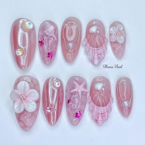 Sirène rose à presser sur les ongles, ongles en gel 3D coquillage avec fleurs et étoiles de mer, faux ongles nacrés, ongles ovales Summer Beach, manucure Hana image 1