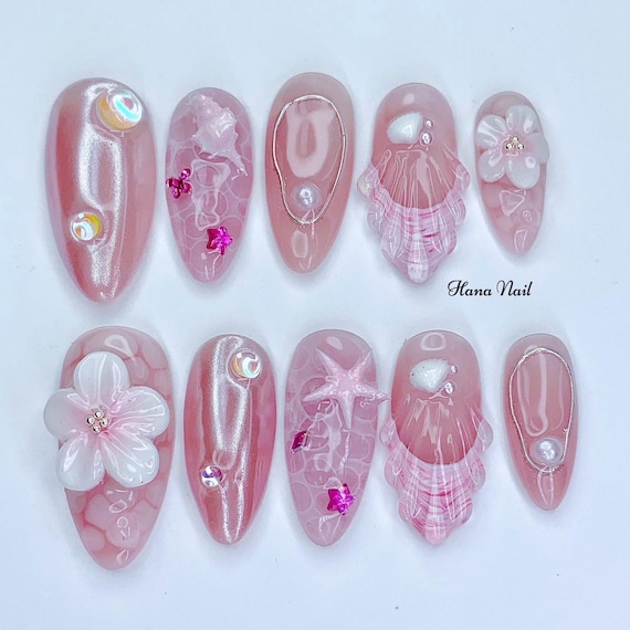 Pink Mermaid Press On Nails, Seashell 3D Gel Nails with Flowers & Starfish, Pearl Shimmer Fake Nails, Summer Beach Oval Nails,Hana Nail shop