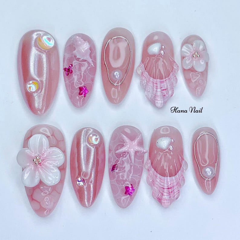 Sirène rose à presser sur les ongles, ongles en gel 3D coquillage avec fleurs et étoiles de mer, faux ongles nacrés, ongles ovales Summer Beach, manucure Hana image 1