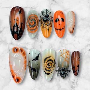 Halloween Press On Nails – Spooky Spider Web, Pumpkin Face, Haunted House, Bat Design – Handmade False Nails for Halloween Party