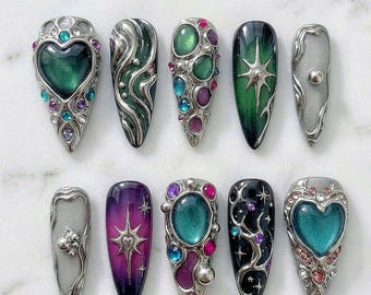 Fantasy Fairycore Press On Nails | 3D Chrome Metal Nail Art | Gothic Gemstone Stiletto Nails | Cyberpunk Y2K Aesthetic Press-ons | Magical G