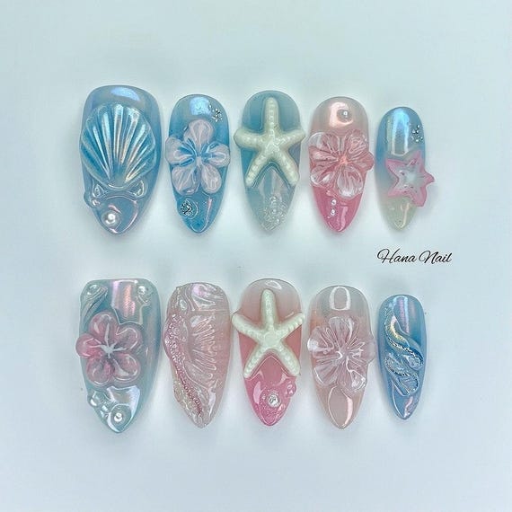 3D Blue Flower Press On Nails | Leopard Print Y2K Nails | Cute Summer Medium Stiletto Fake Nails | Glossy Handmade Nail Set