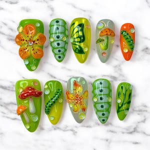 Glossy 3D Nature Press On Nails  Fairycore Butterfly, Mushroom & Floral Nail Set, Green, Orange Aesthetic