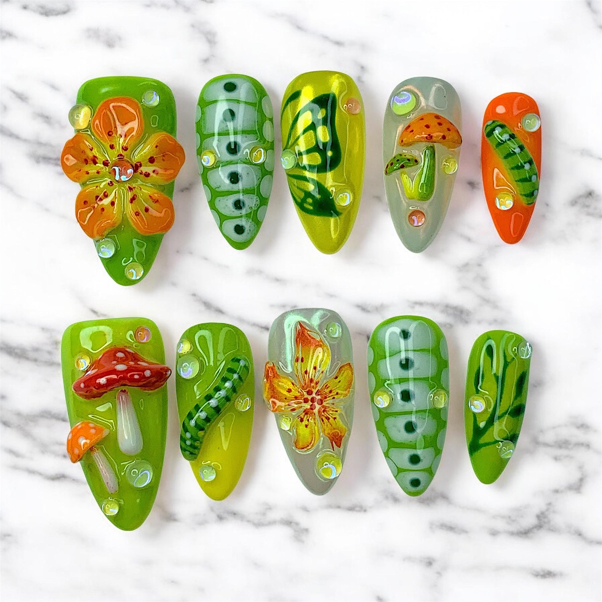 Glossy 3D Nature Press On Nails  Fairycore Butterfly, Mushroom & Floral Nail Set, Green, Orange Aesthetic