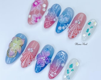 Mermaid 3D Flower Shell Press On Nails | Summer Ocean Almond Nails | Handmade Gel Nail Set | Beach Vibes Fake Nails