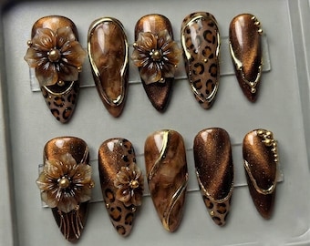 Brown Cat Eye Leopard Press On Nails, 3D Flower Chrome Nails, Gold Marble Swirl Nails, Luxury Handmade Almond Press On Nails, Fall Glam