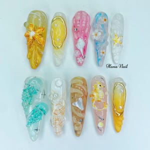 Summer Ocean Nails | 3D Sea Animal Press On Nails | Beach Mermaid Nail Art | Sea Shell Starfish Seahorse Nail Set Handmade Coastal