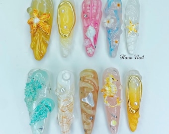Unhas de verão com tema de oceano | Unhas postiças com estampa de animais marinhos 3D | Arte de unhas de sereia na praia | Conjunto de unhas artesanais com conchas, estrelas do mar e cavalos-marinhos, estilo costeiro