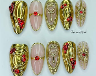 Y2K Gold 3D Press On Nails with Chrome Swirls & Red Gem Accents | Luxury Metallic Nail Art Set | Long Statement False Nails