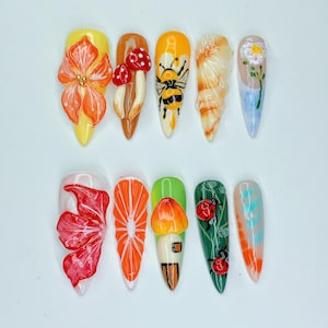 Forest Nature Press on Nails | 3D Mushroom Bee Flower Butterfly Ladybug Nail Art | Handmade Long Almond Nails | Cute Spring Summer Nails