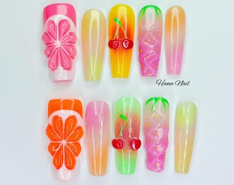 Uñas postizas de verano / Uñas con diseño de cerezas y cítricos afrutados / Uñas de frutas 3D / Uñas postizas ombré coloridas hechas a mano / Uñas largas y bonitas para vacaciones