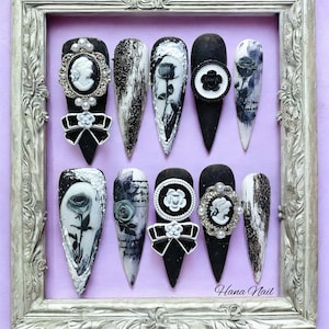 Black Rose Floral Nail Art with European Vintage Girl Charm, Black and White Gothic Design, Elegant Luxury Manicure, 3D Nail Charms