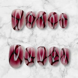 Maroon Abstract Swirl Press On Nails – Glossy Burgundy Fake Nails – Wine Red Nail Art Set – Reusable Gel Nail Tips – Custom Size Options