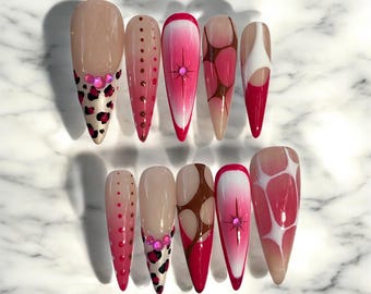 Hot Pink Leopard Print Press On Nails, Long Stiletto Gradient Nails, Retro Y2K Nail Art Set, Handmade False Nails with Rhinestones