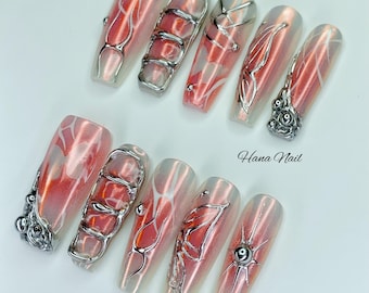 Metallic Coral Chrome Press On Nails | 3D Silver Line Abstract Design | Long Glossy Almond Nails | Handmade Trendy Nail Art Set