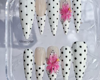 White Polka Dot Press On Nails with 3D Pink Flower | Long Stiletto Handmade Nails | Elegant Black and White Nail Set | Cute Floral Press Ons