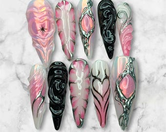 Paznokcie prasowane Pink Aura Alien | Paznokcie żelowe 3D Cyber Fairy | Zestaw do paznokci w stylu Chrome Fantasy Stiletto