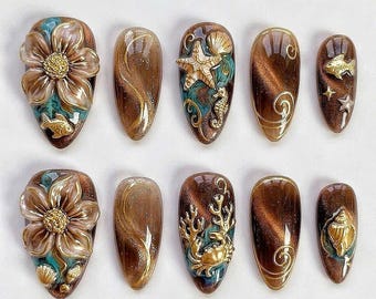 Handmade 3D Ocean Press On Nails | Vintage Brown Cat Eye Fake Nails | Luxury Gold Sea Shell Starfish Nails | Marine Life Jelly Nails Almond