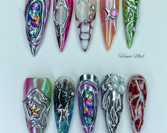 Y2K Chrome 3D Press On Nails | Futuristic Metallic Long Stiletto Nails | Handmade Luxury Nail Art with Rhinestones, Stars & Textures