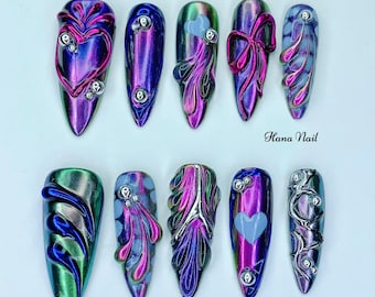 Y2K Chrome Press On Nails | Medium Stiletto 3D Nail Art with Hearts, Bows, Flames | Holographic Iridescent False Nails