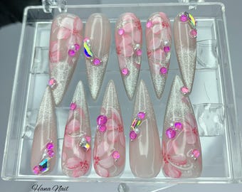 Silver Glitter Floral Nails, Pink Stiletto Press Ons, Spring Party Nails