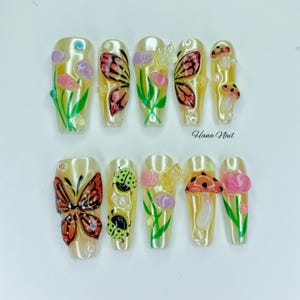 Tulip Garden Press On Nails – 3D Floral Nail Art with Butterfly & Ladybug| Handmade nail | Fake Nails