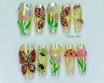 Tulip Garden Press On Nails – 3D Floral Nail Art with Butterfly & Ladybug| Handmade nail | Fake Nails