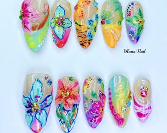 Uñas postizas con flores 3D de colores / Uñas de verano brillantes hechas a mano / Uñas postizas con diseño de almendra y diamantes de imitación / Juego de uñas con flores tropicales