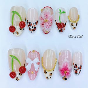 Cherry Leopard Press On Nails | Cute 3D Bow & Flower Nail Art | Medium Almond Nails | Animal Print Summer Nails | Handmade False Nail Set
