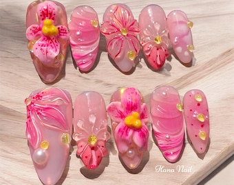 Pink 3D Orchid & Lily Press On Nails - Handmade Floral Gel Nails, Glossy Ombre Fake Nails, Luxury Custom Nail Set, Reusable Stick On Nails