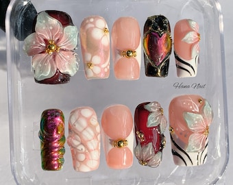 3D Flower Mirror Glitter Y2K Press On Nails | Handmade Reusable Nail Art Set | Cute Trendy Kawaii Party Nails