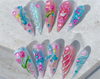 3D Fake Nails with Tulip, Lily, Butterfly,Handmade Press-on Nails in Fairy, Angel Wings,Swan Style, Y2K Pink, Blue with chrome, Long Elegant