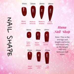 May include: A chart displaying various nail shapes, including short round, medium almond, stiletto, and coffin styles. Each nail is a deep red color, with measurements in millimeters. The text "Hana Nail Shop" is also visible.