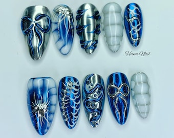 Blue Chrome 3D Press On Nails | Handmade Metallic Nail Art with Gel Sculpting | Edgy Futuristic Fake Nails | Custom Gothic Nails Set