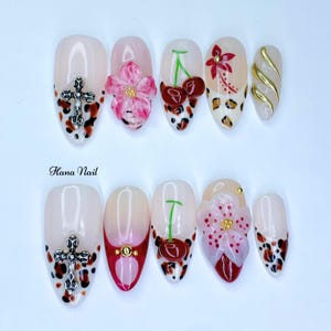 Y2K Cherry Leopard Print Nails | 3D Floral Press On Nails with Cross Charm | Handmade Long Fake Nails for Trendy Look