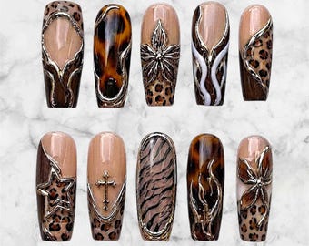 Silver Grunge Leopard Press On Nails, Tortoiseshell Star & Flower False Nails, Handmade Y2K Acrylic Nails, Edgy Animal Print Fake Nails