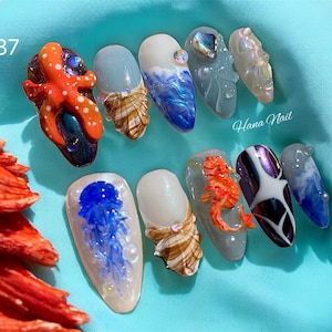 Ocean Theme 3D Nail Set - Sea Creature Nails, Starfish, Jellyfish, Mermaid Shell Nails, Beach Press On Nails, Under the Sea Nail Art