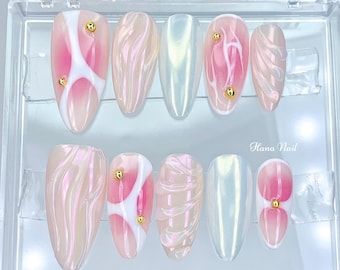 Pink Chrome Swirl Press On Nails – Iridescent Marble Nail Set, 3D Wavy Design, Long Glossy Fake Nails, Handmade Bridal Nails
