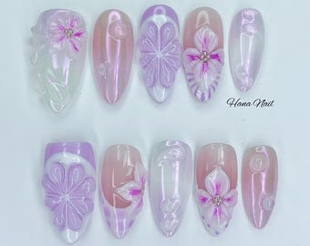 Uñas postizas hechas a mano / Diseño floral 3D morado y rosa / Diseño de sakura iridiscente / Elegantes uñas postizas para bodas, fiestas y primavera.