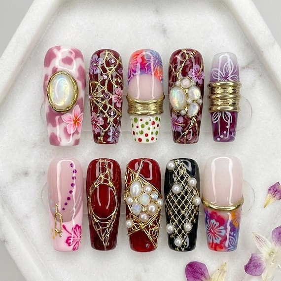 Cherry Blossom Press On Nails, Japanese Floral Nails, Pearl Gold Chrome Nails, Luxury Red Nails, Handmade Reusable Press Ons